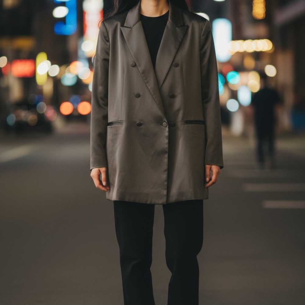Elegant Double-Breasted Oversized Black Satin Women's Coat